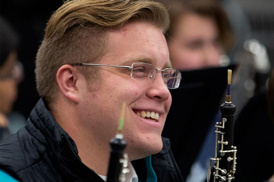 Music major and Richard G. Gaarder Award Winner, Ryan Schultz sits in the oboe section in the 足彩平台 Music Department.