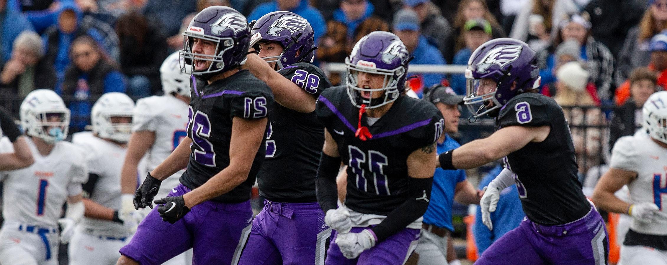 Warhawk football players celebrate on the field.